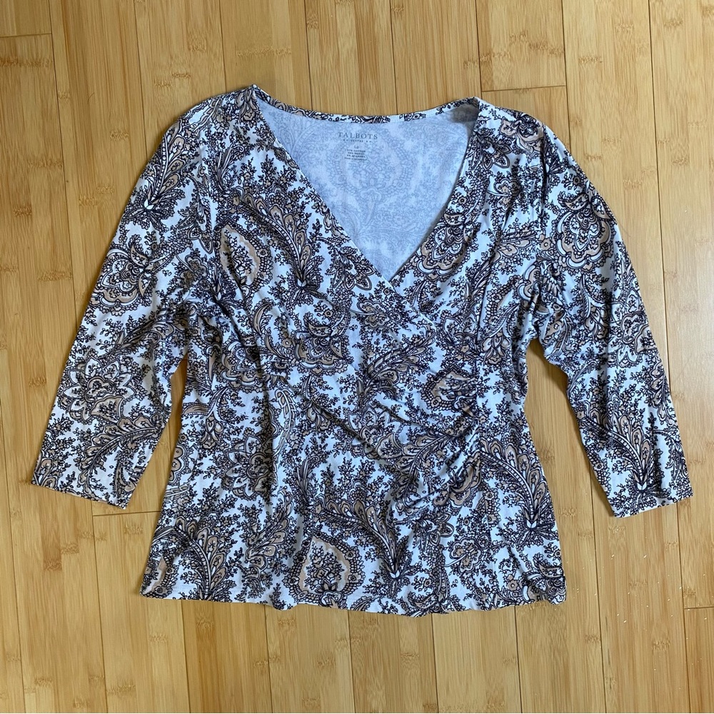 Talbots Large Petite Paisley Floral Faux Wrap Shirt Women’s 3/4 Sleeve